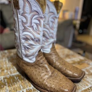 Justin Brown and White Ostrich Leather Cowboy Boots